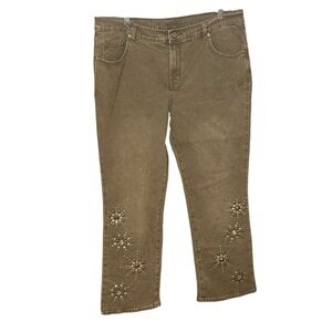 Diane Gilman Olive Brown Straight Leg Boot Cut Jeans with Embellished Hem